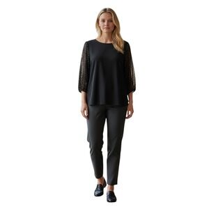 Adrianna Papell Womens 1X Black Knit Blouse Sheer Gold Dot Balloon Sleeve Top‎